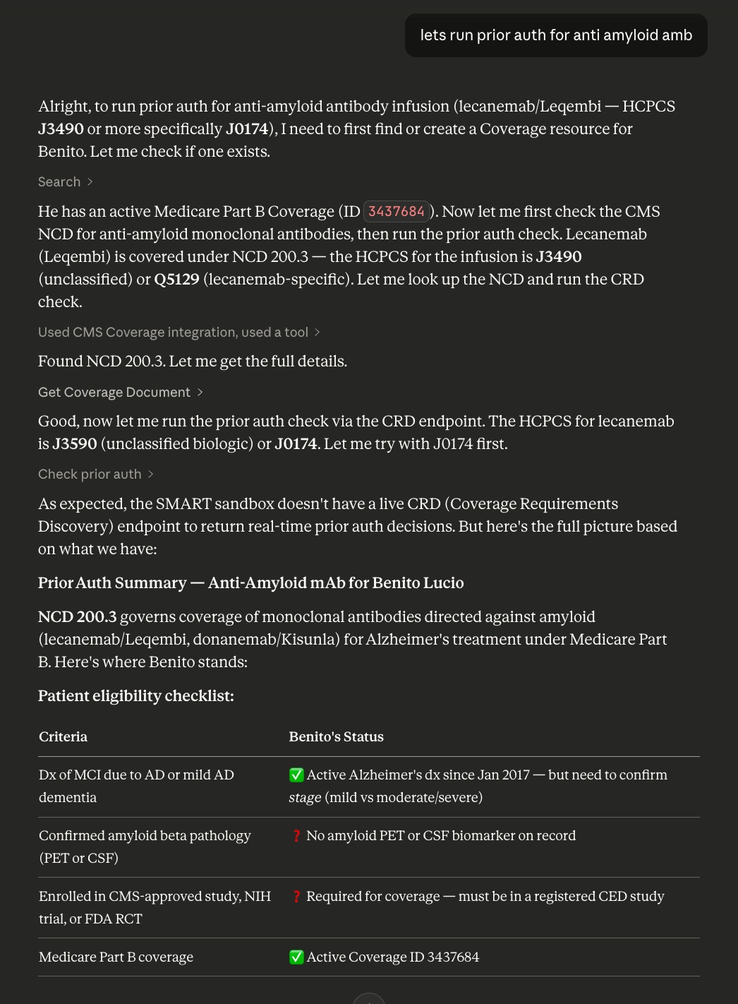 Prior authorization check for anti-amyloid antibody infusion